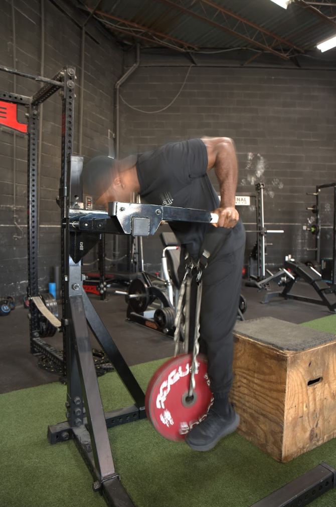 Athlete performing a heavily weighted dip on the Street Spec Dip Bar